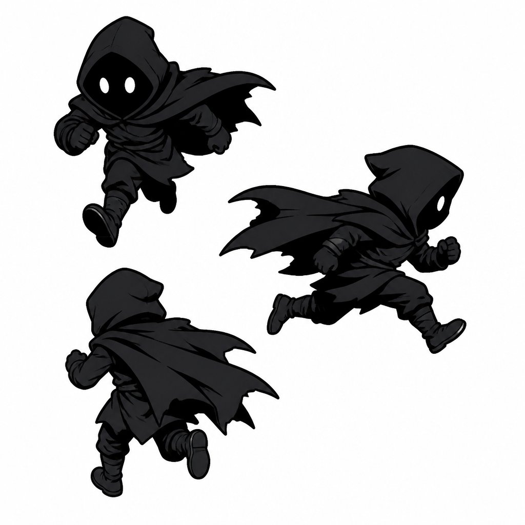 No speech bubble no print dots, several small illustrations of a very small black cloaked figure running away three-quarter front view side view, three-quarter rear view full body