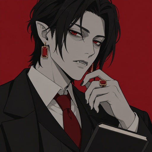 Male vampire, black hair long in the front short in the back hair of ears in the middle of face dropping,red eyes has eyeliner the bottom eyeliner has two eyelashes, pointy ears, gray skin,cheekbones, little bit of eye bags,big red square earrings and a ring,is a teacher
