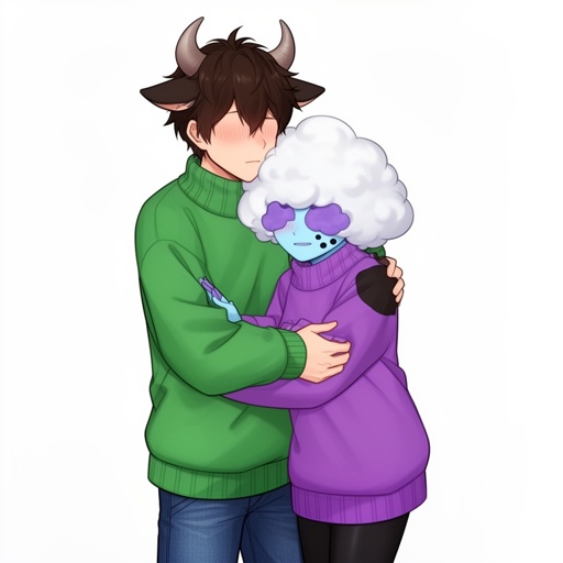 Two characters hugging wearing matching sweaters. The boy has a green one and the girl has a purple one. The boy has dark brown hair, small horns and cute cow ears. He is a little taller than the girl and usually has a blank expression but blushes a lot around her( he is also wearing jeans) the girl is wearing a matching purple sweater ( both are oversized) , her skin is baby blue with purple patches and she has a soft cloud shaped poof of white hair that covers her eyes. She is also wearing black leggings.  She has cute blushing cheeks and two small black dots on each .A purple patch covers right side of her face. 