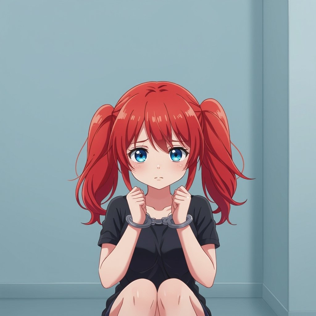 Girl with read hair in pigtails handcuffed and sad