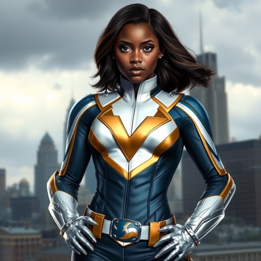 A teenage African American female superhero with hair in a shoulder length side part style  wearing a partially  white and Gold suit with blue accents and a stylized V as her chest emblem a utility belt and silver boots standing in Philadelphia during a cloudy day  