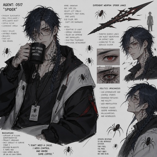 Anime male in his 20s part Asian part white dark blue hair messy in a braid wearing a baggy jacket,weapon and good at everything highly skilled agent, late 20s, tired, tall, migraines, sensitive to light,jokes,red eyes, serious face reckless experiment, exhaustion,coffee, hates people he has powers he could use but doesn't have full control dangerous being told what to do, laugh like a maniac one eye damage, glasses,spiders,earrings 