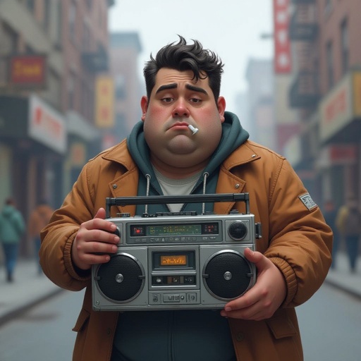 Create a kinda dark skin funny looking fat guy who isnt friendly from New York  has a boom box radio and is a stoner 