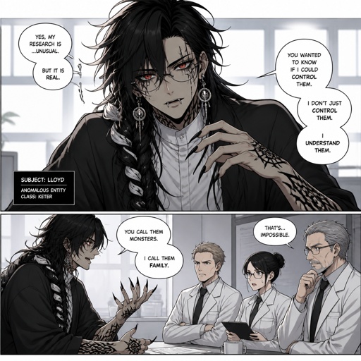 Anime male,name is Lloyd,hair messy long braided black hair with white stripes,clean shaven,highly skilled,in late 20s,migraines,sarcastic,red glowing eyes,one eye is severely damaged,serious face,been experiment on for many years until finally found and rescued ,has power of a spider and control spiders make traps poison and crawl on walls and ceiling dangerous,glasses,wears a loose jacket a nice fully covered shirt ,loves spiders, nice big earrings,tattoos on arms that means arachnid and on left arm tattoo that says sub 389,helps people but on his terms,doesn't remember anything from his past except the experiments, long scary fingers, spider fangs, traumatized,special agency is keeping an eye on him. Him and the scientists having a conversation, scientists “do you know where you originally lived or any relatives” Lloyd “no… but why does that matter know? Who cares I don’t there’s no point I wouldn’t be recognized by them anyway”scientists”you don’t care to find out who you are?” Lloyd “no…I don’t” scientists “what else do you remember?” Lloyd staring of in the distance with a small look of fear in his eyes says “only the experiments”as a comic