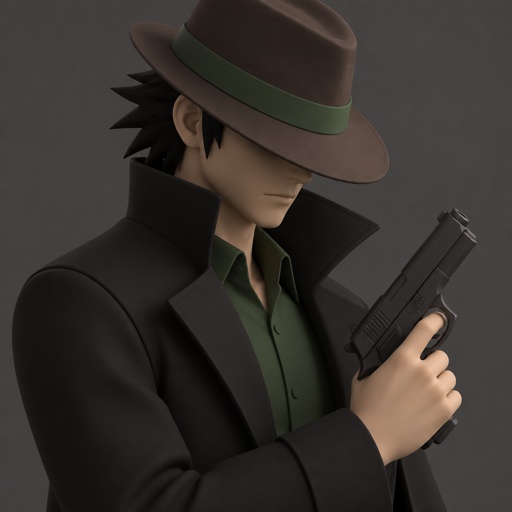 Male, brown fedora with green around it that covers eyes, black back hair spiky, black trench coat with upturned collar, green shirt, holding gun