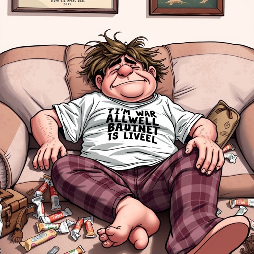 Create a adult humor character who is lazy as heck. And you could tell from his face and his entire outfit. Make is funny and the style of the graphic photographic
