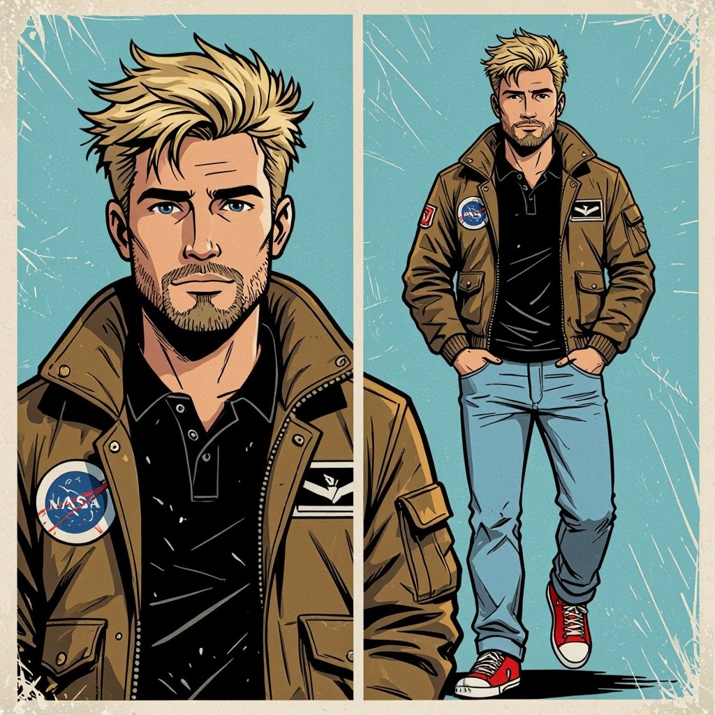 man with Dirty Blonde Unkempt Hair and Goatee. Astronaut Flight Jacket Black And White Polo and Light blue denim jeans with red sneakers