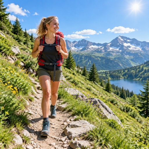 Ein Mädchen mit blonden Haaren get wandern