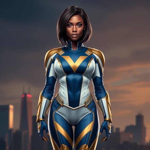 African American female superhero with shoulder length hair in a side part style and wearing a slightly armored homemade white blue and gold suit with white pants with a stylized V as her chest emblem wearing gold flat boots made of gold standing in Philadelphia at dusk