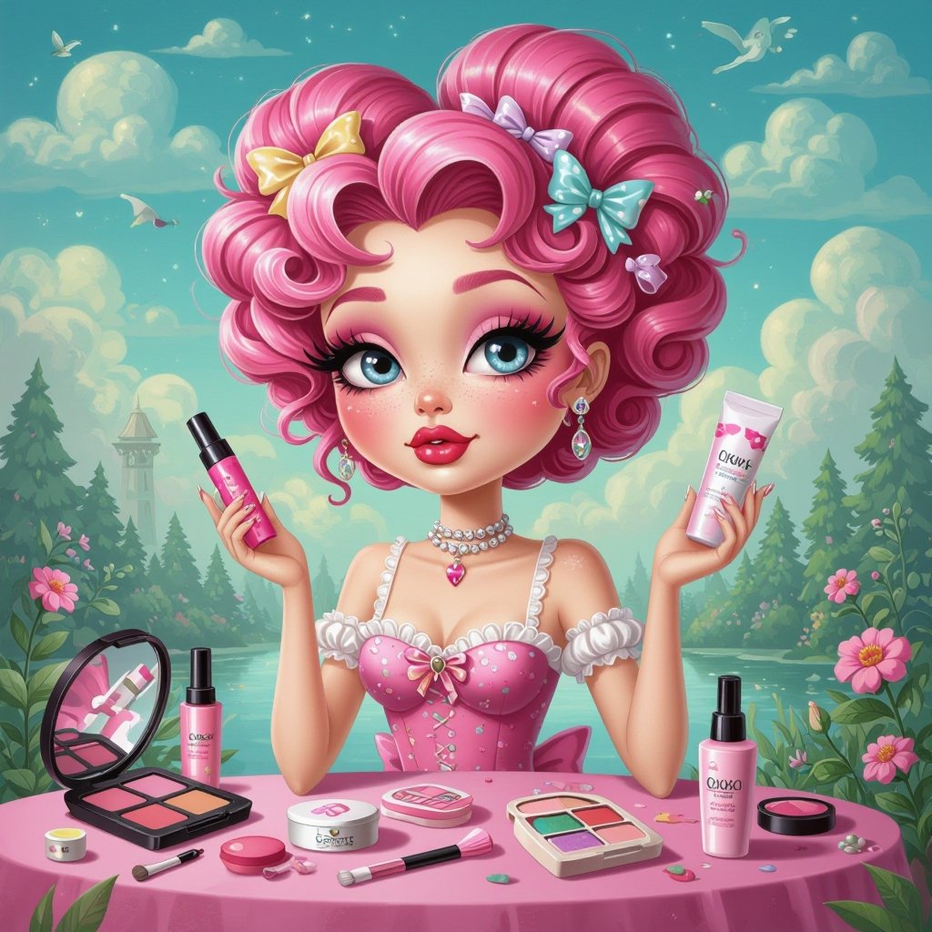 Create a character showing there whole body head to toe, a lady who loves beauty products