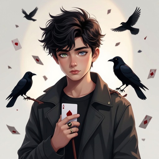 Telekinetic and dark manipulation powers boy teenager 17 years old dark and mysterious and quite with bad past with Heterochromia eyes who has a crow cane,raven ring and deck of death cards