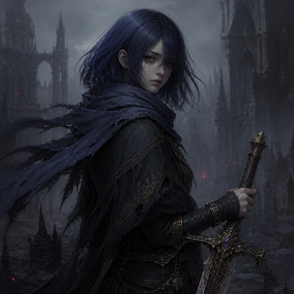 girl long bob dark blue hair scarf sword