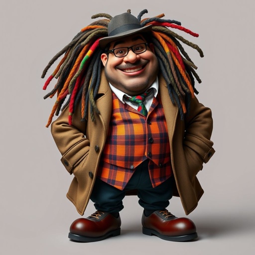 Create a funny fat character similar to Sherlock Holmes, but make him of black decent and with dread locks. Show his whole outfit including his shoes.
