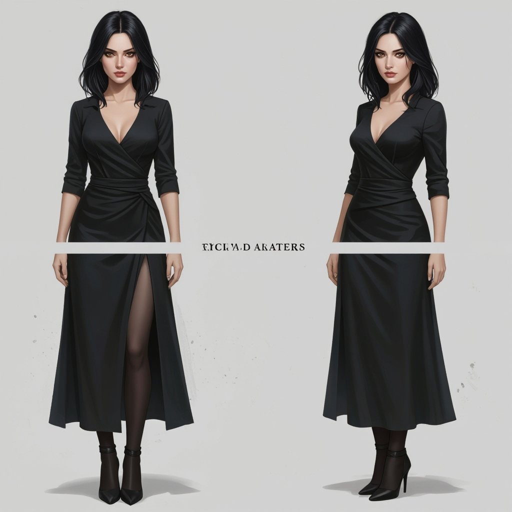 Show character head to toe. Create a mid age mysterious woman jet-black hair is cut sharpand her eyes seem to pierce through darkness. A shadowy aura clings to her form,