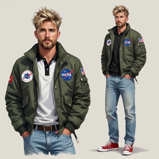 man with Dirty Blonde Unkempt Hair and Goatee.  Astronaut Flight Jacket Black And White Polo and Light blue denim jeans with red sneakers
