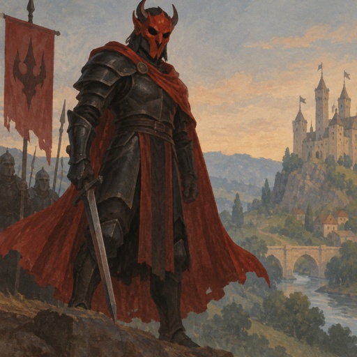 A man in black armour and red and a red horrifying mask