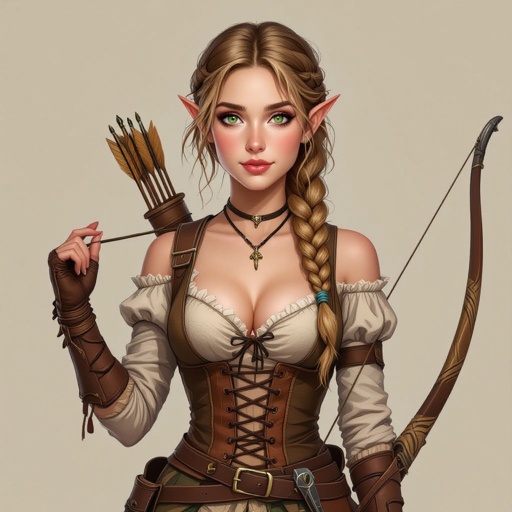Young adult half elf woman. light brownish blonde hair that's braided into a single thick braid that comes over her shoulder. Delicate beauty, bright hazel green eyes, blushed cheeks, and plump supple lips. She's wearing cloth and leather in various earth tones, with a corset that emphasis her exposed chest cleavage. She has a scimitar in a scabbard on her belt; as well as a shoulder holster for a spell book. She has a longbow in her hand and a quiver on her back.