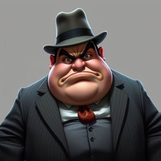 Create a fat funny looking guy who looks like a mobster make him angry but funny, need him with the whole body 