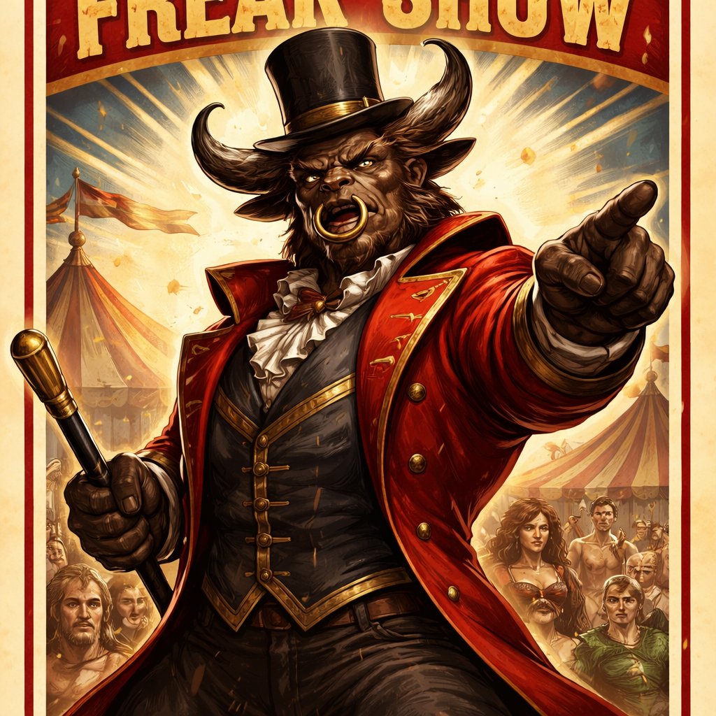 A male medium brown Minotaur with brown eyes that has a well~proportioned figure that works at freak show as the ringmaster. That has abilities of Reality Rejection, Time Manipulation (Chronokineses), Zoolingualism (Language of Cattle only), Human Speech. He’s basically a hybrid with his mother being a human with half-animal (Cretan Cattle) physiology and his father a Cretan Bull.