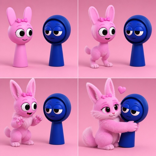 Pinki from Sprunki turning into her kind WereRabbit self in front of Jevin from Sprunki with her legs and tail transforming first and then her arms and then her ears and her neck starts to fluff up and then her face and the fur on her cheeks pokes out with fur appearing on her chest with fur holding her pink bow flush against her head as her eyes go from white and black to black and pink and she hugs Jevin because she loves him 