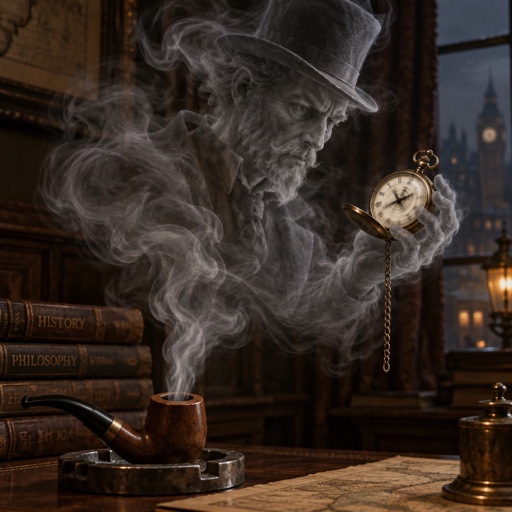 A ghost coming out of a tobacco pipe like smoke  with the mad hatter hat on is checking his pocket watch that is going crazy