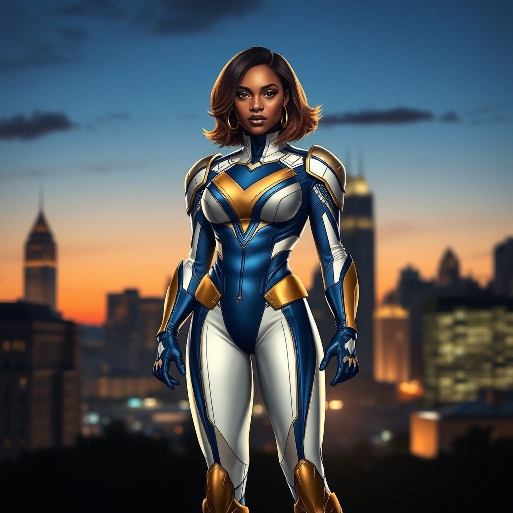 African American female superhero with shoulder length hair in a side part style and  wearing a slightly armored homemade  white blue and gold suit with blue pants with a stylized V as her chest emblem wearing gold flat boots made of gold standing in Philadelphia at dusk