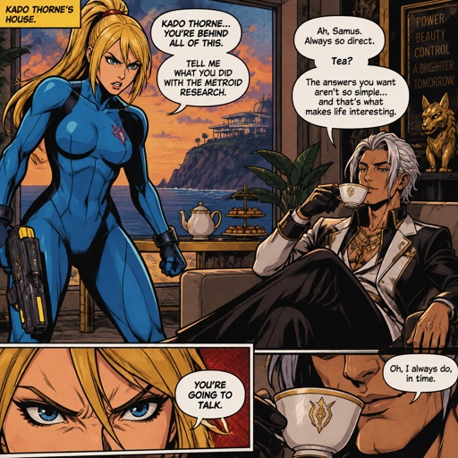 Samus Aran zero suit, angry, Kado Thorne from Fortnite white hair, he’s sitting on a chair sipping tea, he broke into her house, house background 
