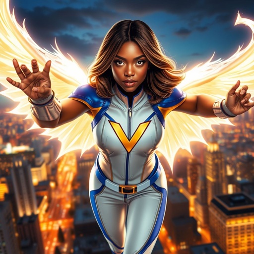 A teenage African American female superhero with brown hair with gold highlights in a shoulder length side part hairstyle with pure Gold Glowing eyes wearing a white suit with gold and royal blue  with white pants and gold and white knee length boots with a utility belt with a gold V  as her chest emblem with glowing  wings made of white fire flying in Philadelphia 