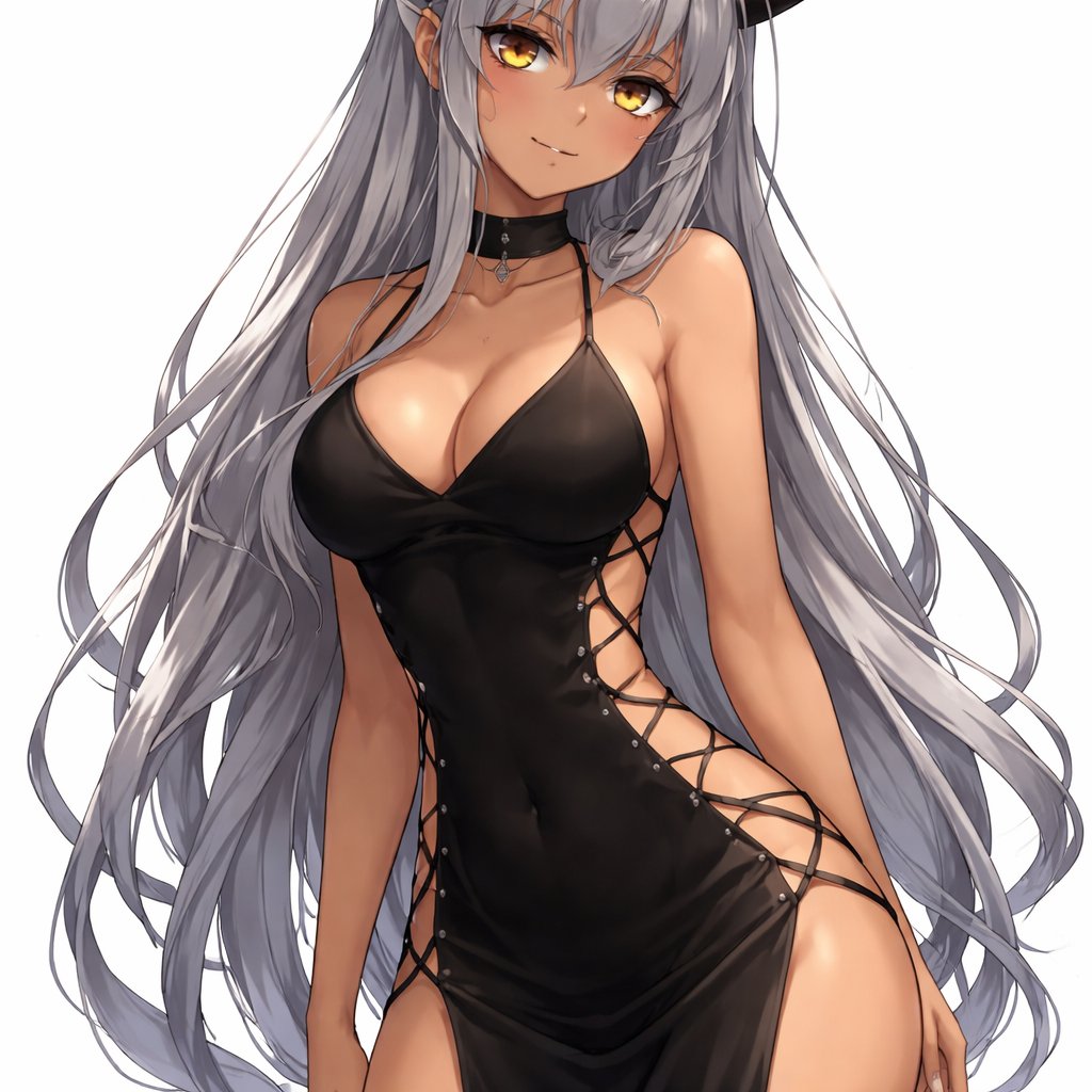 Girl gray hair and tan skin with gold eyes with demon horns and a black dress with cut outs by her hips and down the sides of the dress