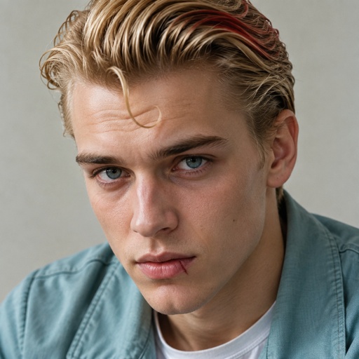 Male, blonde greased brushed back hair, curl on forehead, red streak in hair, scar on lip, blue eyes, slim, designer, cyan casual clothes,