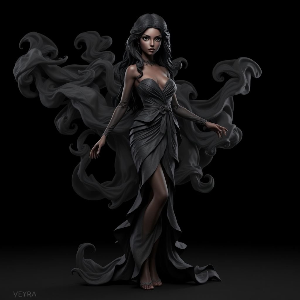 Create character hero Veyra of Shadows – A lithe, mysterious black woman draped in layered black silks that move like smoke around her. With jet-black hair. Show her whole body head to toe including her shoes.