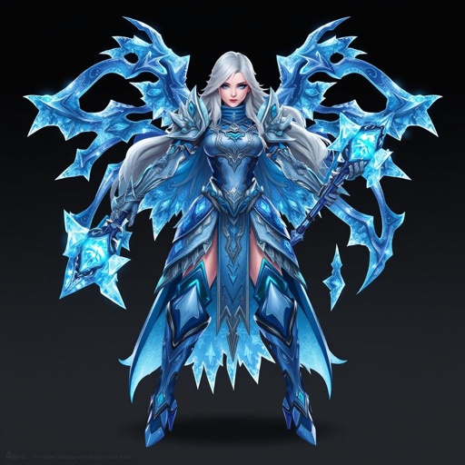 Create a battle woman hero called Alvara the Frostheart. Show full body head to toe including shoes