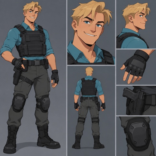 Male, short messy blonde hair, all hair brushed to one side, hair in middle of forehead, smiling, cyan shirt, bulletproof vest, fingerless gloves, knee pads, belt with gun