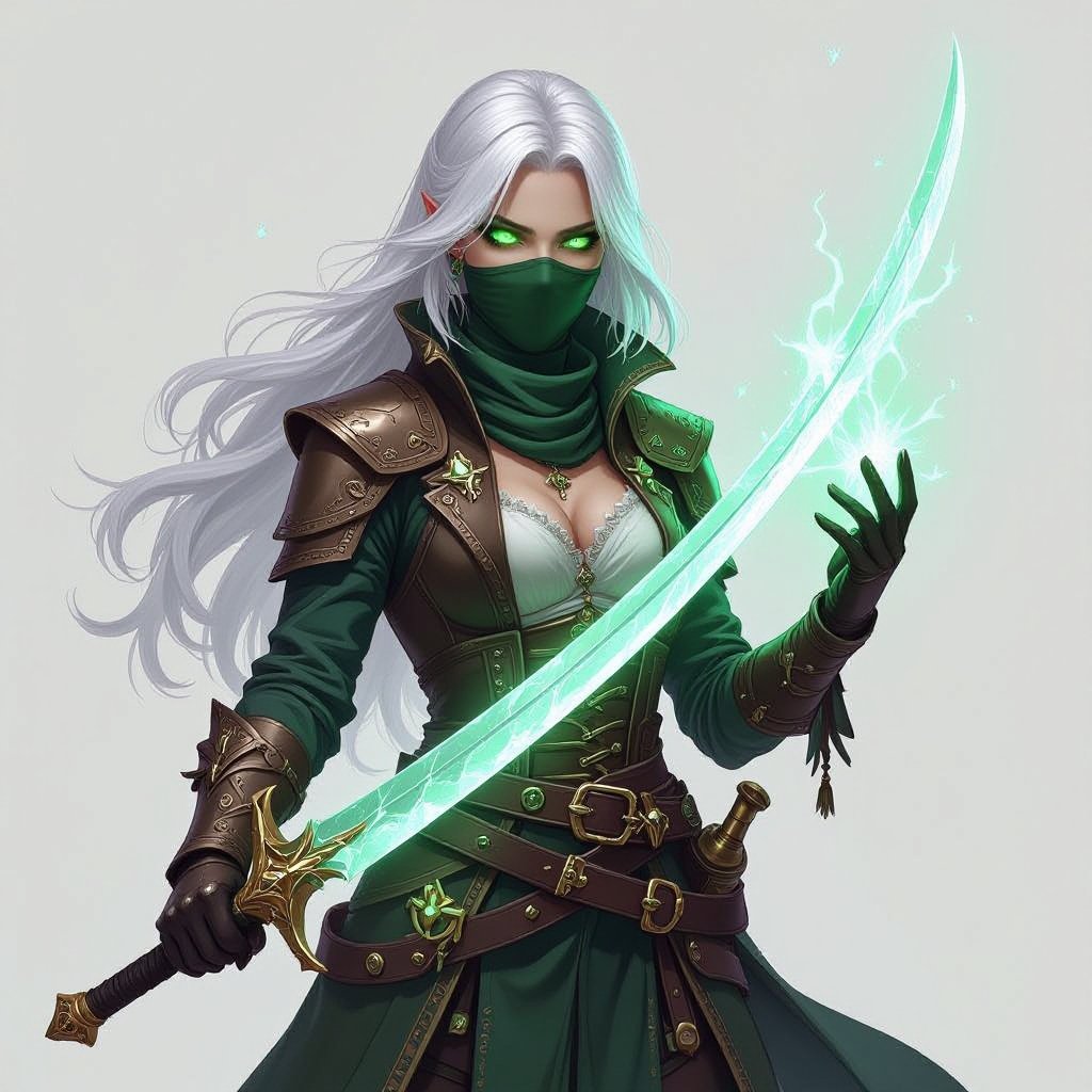 5’7 tall platinum hair almost white bright green eyes human keeps face covered 130 lbs Ghost form tattoo on right arm Duel wielding crystal rapier blades rouge pirate captain
