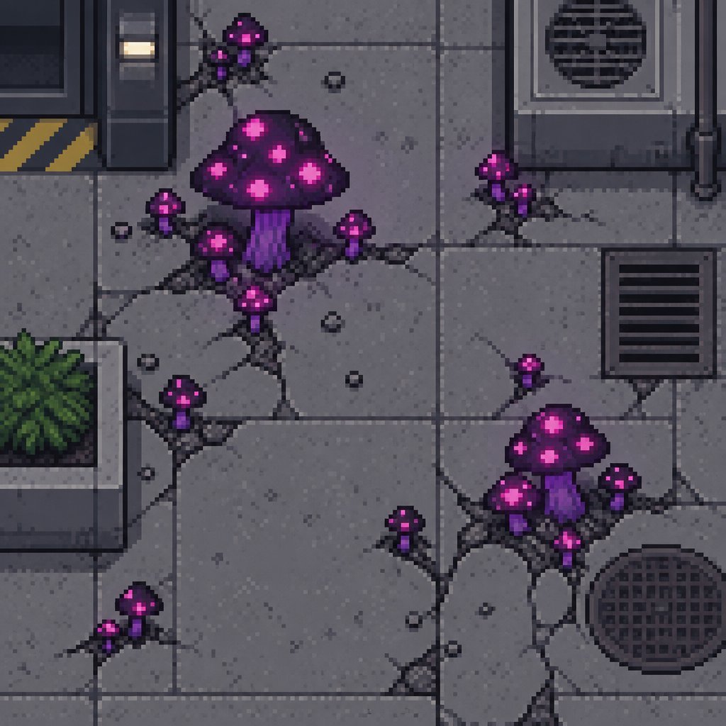black/purple mushrooms with glowing spots for a fantasy game set in modern times, top down style