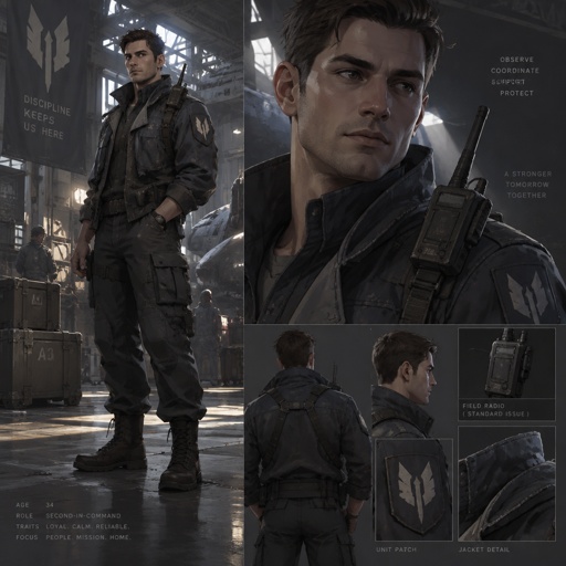 Thirty-four-year-old man, body of someone who sleeps in the seat and still stands up useful. Jacket with a radio rub on the shoulder. Younger face than the job, silence worn on purpose. Loyal in the shoulders. Second, not the lead. Field or hangar lighting. Fortiche painted, realistic cloth.