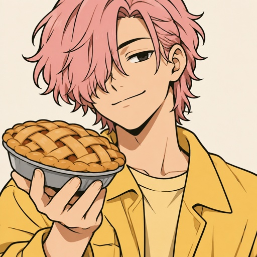 Male, Asian, light pink neck length wavy hair, hair in front of one eye other side is brushed back, smirk, chill, wearing yellow clothes, holding pie 