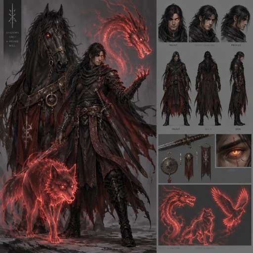 dark assassin, dragon eye, large horse companion, spirit summoning abilities, long hair