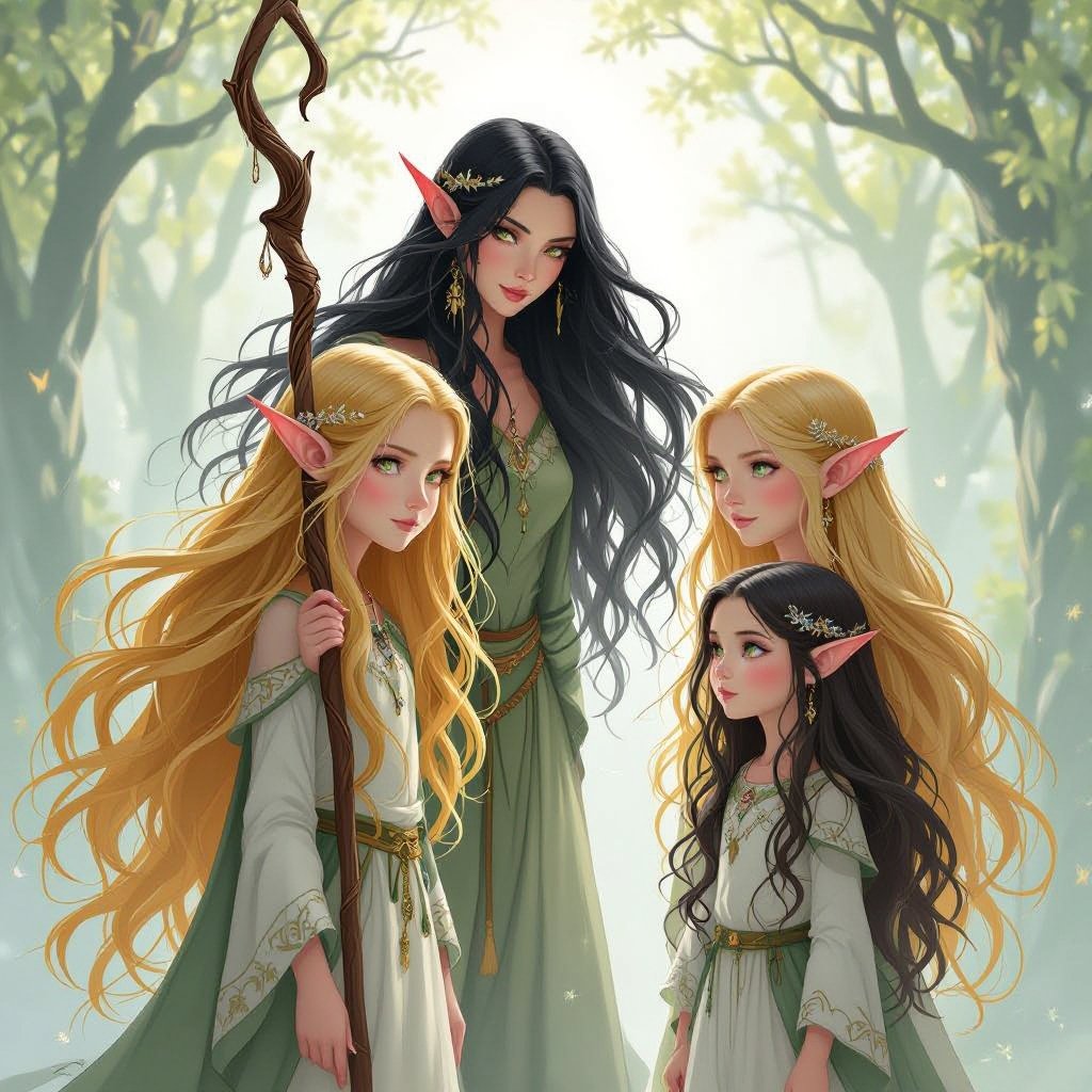 Twin girls with blond hair their Nany with black hair and her daughter