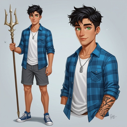 A 20 year old guy with short black hair, sea green eyes, a Mediterranean complexion, with a lean muscular build wearing a blue plaid shirt, white undershirt, grey shorts with blue converse shoes and a trident tattoo on his right forearm, wearing a dog tag necklace