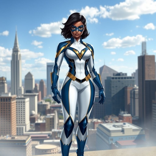 A teenage African American female superhero wearing a domino style mask with slightly curly hair in a shoulder length side part style wearing a polyester and leather White and blue suit with gold accents blue pants and a stylized V as her chest emblem a utility belt and blue boot heel less standing in Philadelphia