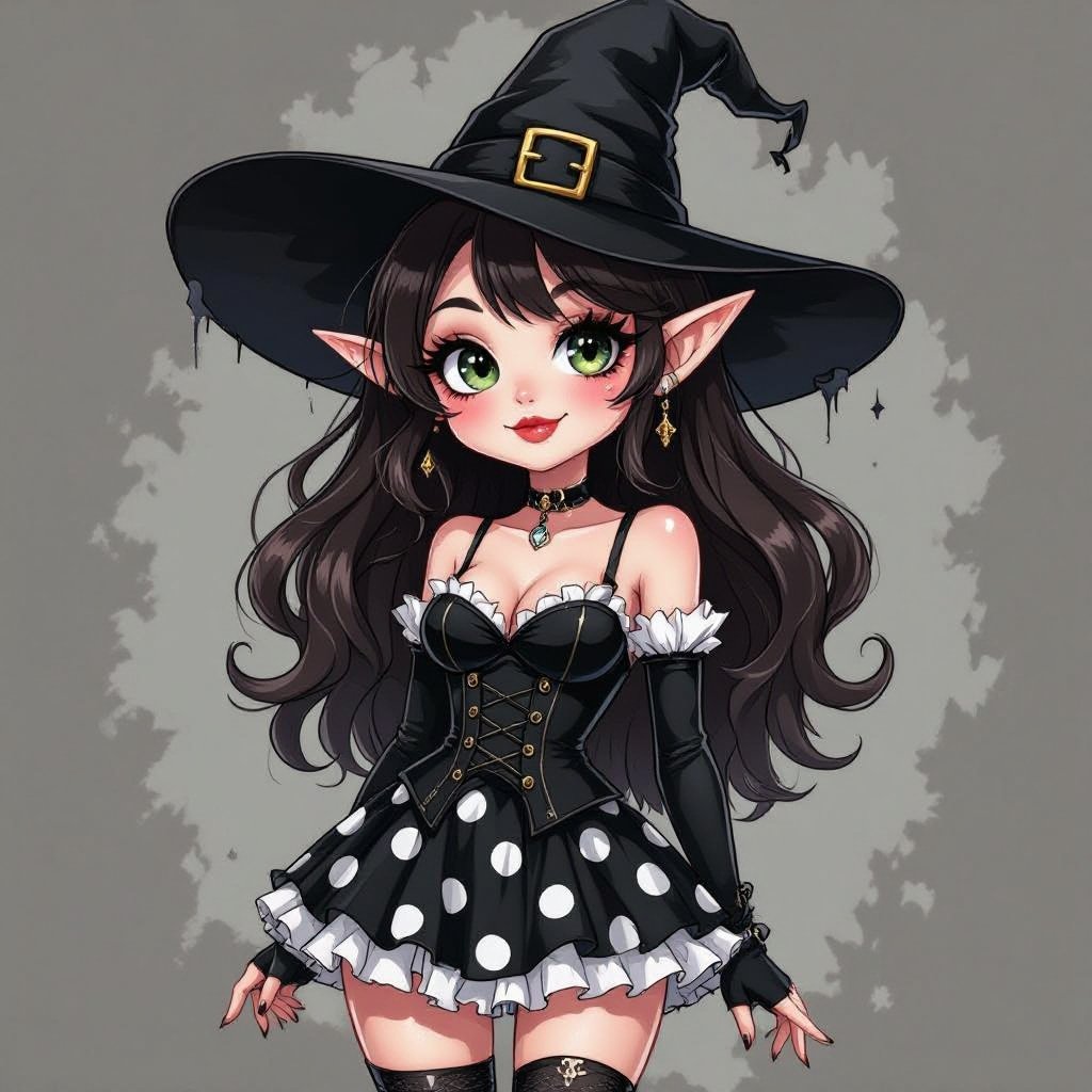 Brunette witch elf in a damaged tight black and white polka dot mini skirt and witches hat. The outfit had seen wear and tear