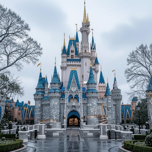 A castle with silver walls and silver trees
