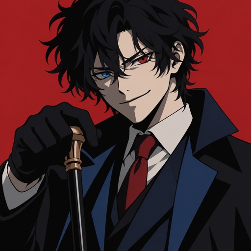 Male,young scientists, lots of bushy messy hair really sticking up on the sides is also drooping down in the middle of his forehead linger strands of hair over his ears, heterochromia eyes, facial shad, evil smirk, has a cane