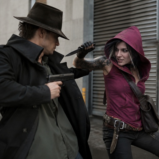 Male, no facial hair, brown fedora that covers eyes, black back hair spiky, black trench coat with upturned collar, green shirt, holding gun, Female, black jagged hair cut, neck length, white strands, two lip piercings, blue eyes, magenta sleeveless hoodie hood up, dark magenta satchel, belt with knife attached, gloves, tattoos on both arms, holding knife, smirk, fighting the other