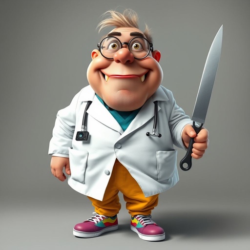 create a fat doctor. Who is funny human looking from head to toe. And he always immediately results to surgery for anything even small things. So please be sure to show his whole outfit head to toe. Make him have funny teeth