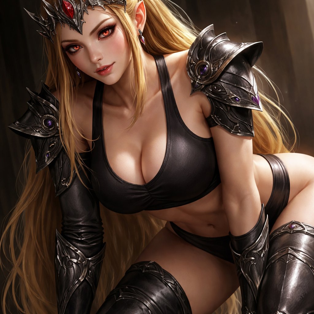 Evil Princess Zelda in a sports bra with black armour on her shoulders and legs leaning forward