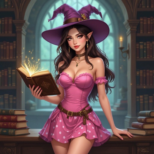 Dark Brown Hair Elf Witch Librarian in Witches Hat. Tight Strapless pink polka mini dress pencil skirt