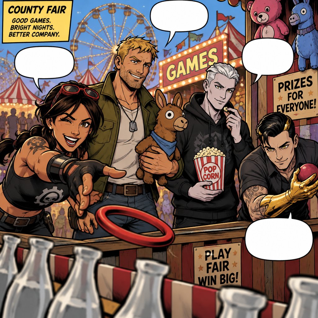 Jules from Fortnite, Jones from Fortnite stubble , Kado Thorne from Fortnite pale and tan white hair, Midas from Fortnite, all at a fair, playing fair games, all wearing casual clothes