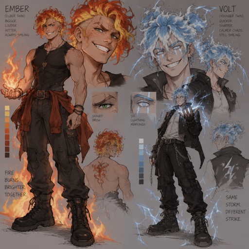 Twin brothers adults, green eyes, light skin, one brother is taller and stronger with freckles, the other brother is thinner, no freckles, the skinny one has light blue and lightning white streaks color curly longer hair sticking up at bottom lightning hair Static Electricity ,grinning, white eyes with light blue in the middle, six lightning mascara down face, earrings, lightning powers longer curly hair, earrings, other brother is buffer orange red curly hair, big grin,right eyebrow shaved in the middle,freckles Male, yellow orange and red curly hair, hair looks like fire,grinning, right eyebrow shaved in middle, green eyes, has fire powers, eye colors are yellow orange and red fire 